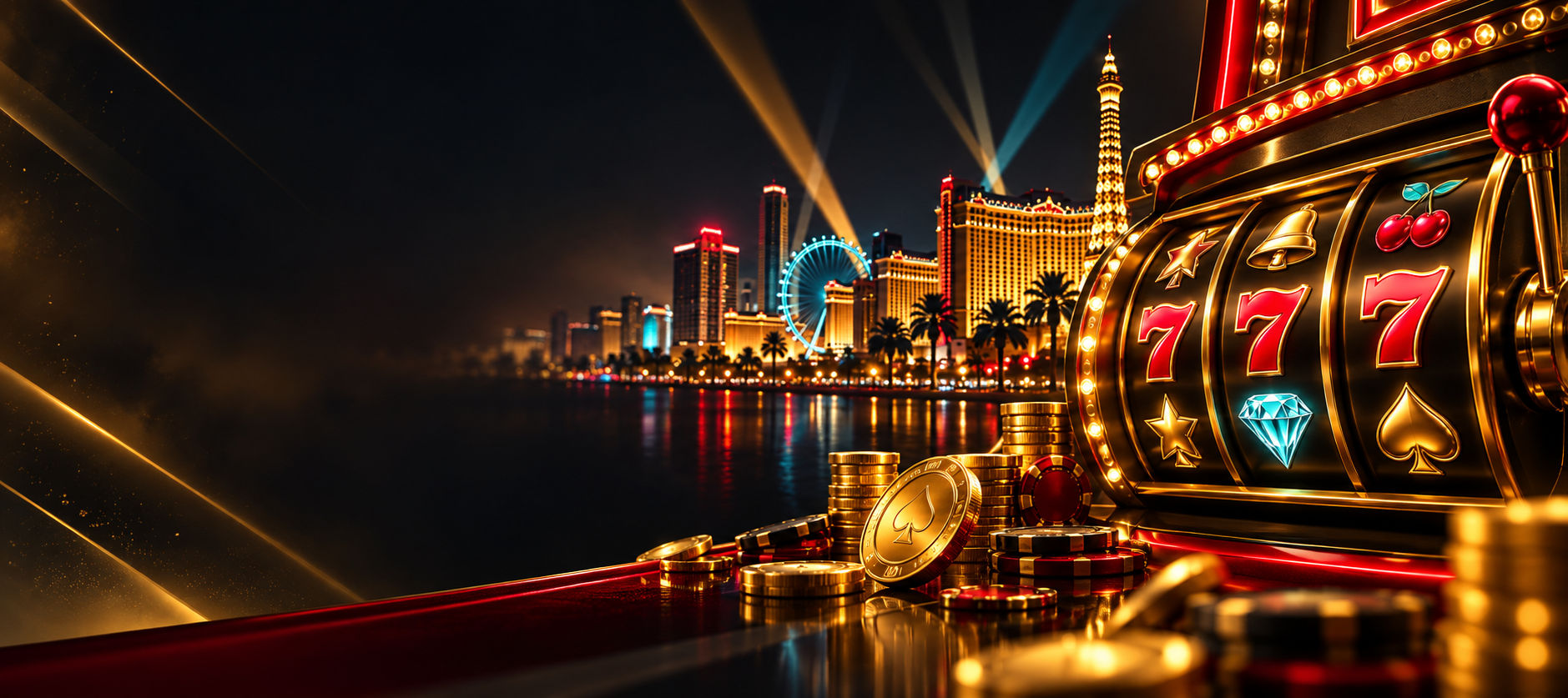 Slot reels, casino lights and a Las Vegas skyline