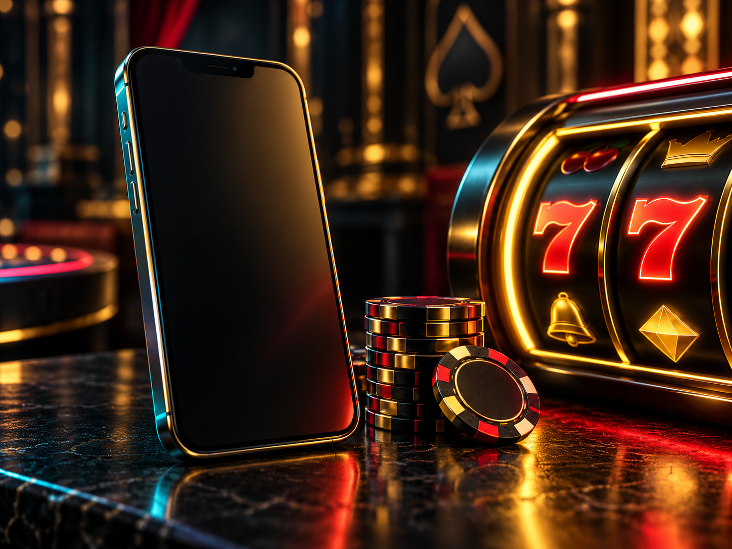 Mobile casino scene with a phone, chips and slot reels
